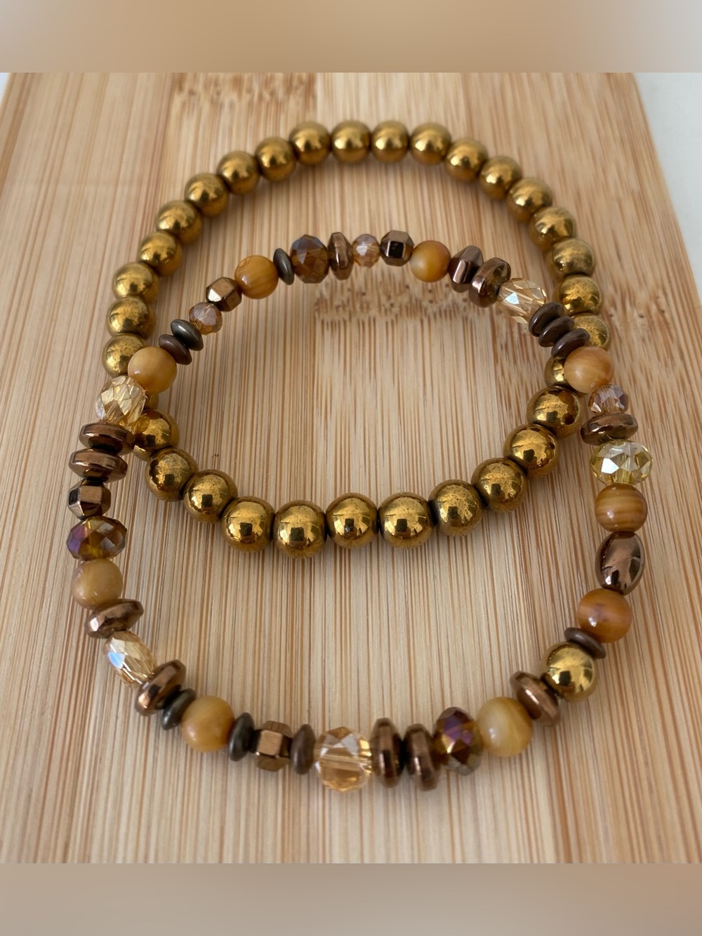 Beaded bracelet set (2-pieces) bronze, gold and amber
